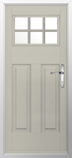 kensington-composite-door-pebble-grey-v2 | GFD Homes GFD Homes Light gray front door with a six-pane window at the top and two raised panels; right-side silver lever handle.
