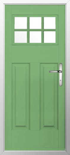 kensington-composite-door-pistachio-green-v2 | GFD Homes GFD Homes Green exterior door with a six-pane window at the top and a silver lever handle on the right side.