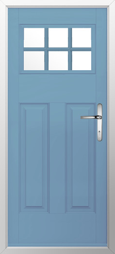 kensington-composite-door-pottery-blue-v2 | GFD Homes GFD Homes Blue front door with a six-pane window at the top and a silver lever handle on the right side.