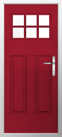 kensington-composite-door-ruby-red-v2 | GFD Homes GFD Homes Red front door with six small square glass panes at the top and a silver lever handle on the right, set in a light frame.