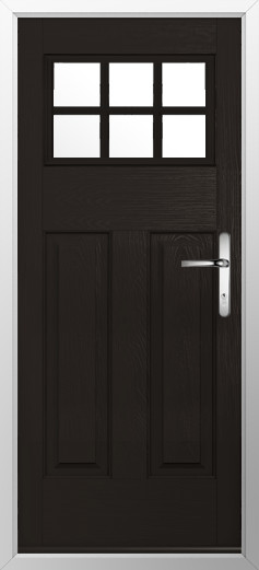 kensington-composite-door-schwarz-braun-v2 | GFD Homes GFD Homes Dark wooden front door with six window panes at the top and a silver lever handle.