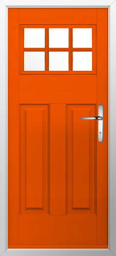 kensington-composite-door-tangerine-v2 | GFD Homes GFD Homes Bright orange front door with six-square window panels and a silver handle.