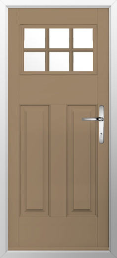 kensington-composite-door-truffle-brown-v2 | GFD Homes GFD Homes Brown exterior door with a six-pane window at the top and two rectangular raised panels; silver door handle on the right side.