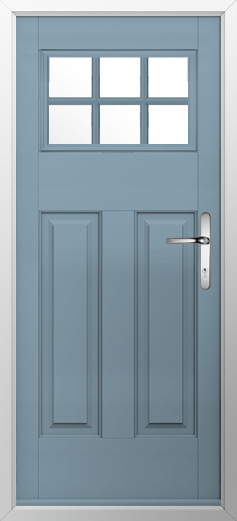 kensington-composite-door-twilight-grey-v2 | GFD Homes GFD Homes Blue front door with a six-pane window above two raised panels and a silver lever handle, white trim surrounding.