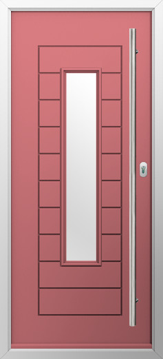 portofino-composite-door-antique-rose-v3-1 | GFD Homes GFD Homes Red front door with a tall vertical glass window and a silver frame, right-side handle visible.
