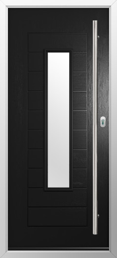 portofino-composite-door-black-v3 | GFD Homes GFD Homes Black front door with a tall, narrow vertical frosted glass panel and a long silver handle on the right side, framed by a silver border