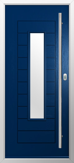 portofino-composite-door-blue-v3 | GFD Homes GFD Homes Blue front door with a tall vertical window inset and silver frame, set in a metal door frame with a long vertical handle on the right side.