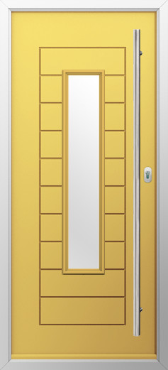 portofino-composite-door-buttercup-yellow-v3 | GFD Homes GFD Homes Yellow exterior door with a tall narrow window panel and a long vertical metal handle in a silver frame.