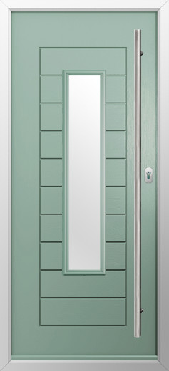 portofino-composite-door-chartwell-green-v3-1 | GFD Homes GFD Homes Mint green front door with geometric inset panels and a tall narrow glass window, white frame, and a vertical metal handle on the right.