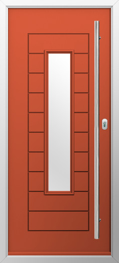 portofino-composite-door-copper-flame-v3 | GFD Homes GFD Homes Red metal exterior door with a tall narrow window panel and a long silver handle on the right side.