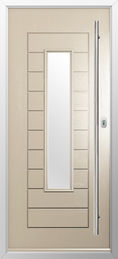 portofino-composite-door-cream-v3 | GFD Homes GFD Homes Beige front exterior door with a tall narrow glass panel and a long silver door handle.