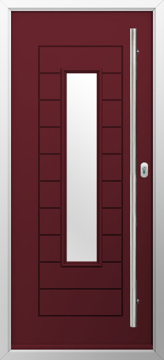 portofino-composite-door-deep-merlot-v3 | GFD Homes GFD Homes Maroon entry door with a tall narrow frosted glass panel and a long vertical silver handle on the right.