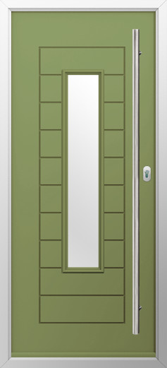 portofino-composite-door-forest-green-v3 | GFD Homes GFD Homes Green exterior door with a tall vertical rectangular window and a long vertical metal handle on the right, set in a white frame.