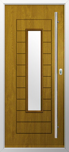 portofino-composite-door-golden-oak-v3 | GFD Homes GFD Homes Wooden front door with a tall slender vertical glass pane and a long silver handle in a silver frame.
