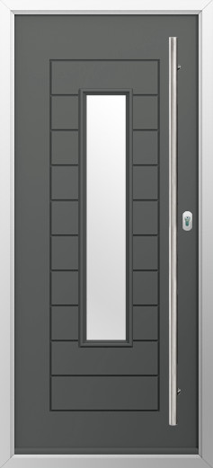 portofino-composite-door-granite-grey-v3 | GFD Homes GFD Homes Gray front door with a tall narrow rectangular glass insert and a long vertical metal handle on the right, set in a light frame.