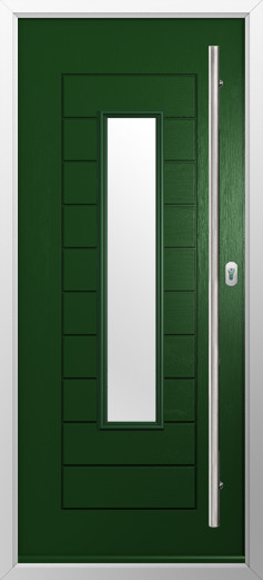 portofino-composite-door-green-v3 | GFD Homes GFD Homes Green front door with a tall narrow frosted glass panel and a long vertical silver handle on the right side.