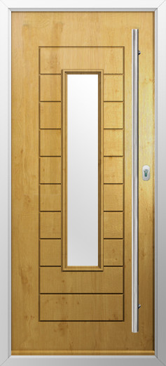 portofino-composite-door-irish-oak-v3 | GFD Homes GFD Homes Wooden front door with a tall vertical glass panel framed by silver trim.