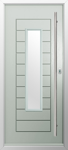 portofino-composite-door-painswick-v3 | GFD Homes GFD Homes Front door with a tall narrow vertical glass pane and inset rectangular panels in a light gray frame.