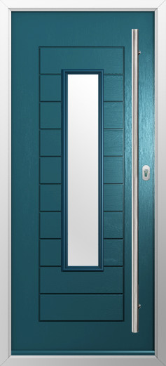 portofino-composite-door-peacock-blue-v3 | GFD Homes GFD Homes Teal modern exterior door with a tall narrow vertical glass panel and a long silver handle on the right.