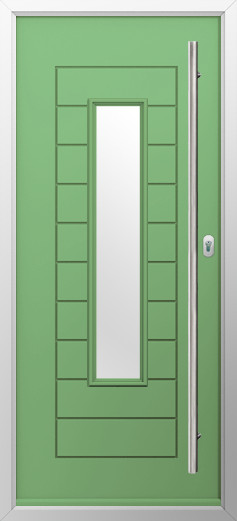portofino-composite-door-pistachio-green-v3-1 | GFD Homes GFD Homes Green front door with a tall narrow central glass panel and a long silver handle on the right, framed in silver.
