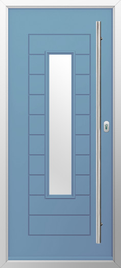 portofino-composite-door-pottery-blue-v3 | GFD Homes GFD Homes Blue exterior door with tall vertical frosted glass panel and silver frame.