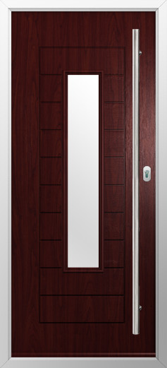 portofino-composite-door-rosewood-v3 | GFD Homes GFD Homes Dark wood front door with a tall vertical frosted glass panel and a slim metal handle on the right, set in a silver frame.