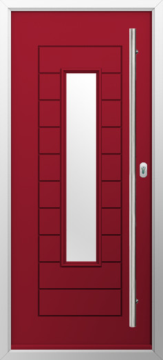 portofino-composite-door-ruby-red-v3 | GFD Homes GFD Homes Red exterior door with a tall vertical glass panel, surrounded by a silver frame and a long vertical door handle on the right.
