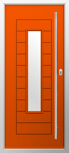 portofino-composite-door-tangerine-v3 | GFD Homes GFD Homes Orange front door featuring a tall vertical glass insert and a long silver handle on the right, framed by a silver doorway.