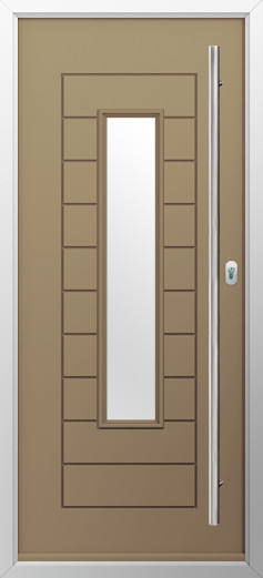 portofino-composite-door-truffle-brown-v3 | GFD Homes GFD Homes Front entry door in tan with a tall narrow window inset, framed by a silver border and a long vertical metal handle on the right.