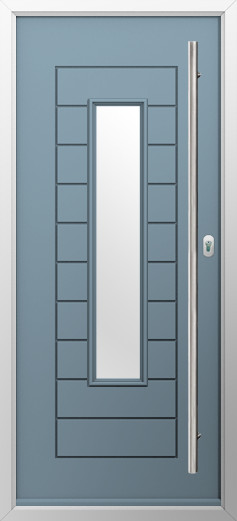 portofino-composite-door-twilight-grey-v3 | GFD Homes GFD Homes Blue front door with a tall vertical glass panel and decorative inset panels, in a silver frame.