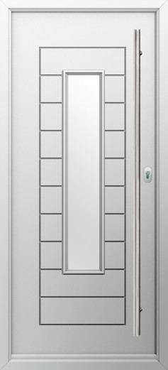portofino-composite-door-white-v3 | GFD Homes GFD Homes Modern gray front door with a vertical rectangular glass insert and slim metal handle on the right side