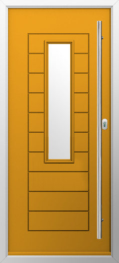 tuscany-composite-door-amber-gold | GFD Homes GFD Homes Orange front door with a tall vertical window panel and a long metal handle on the right, set in a light gray frame.