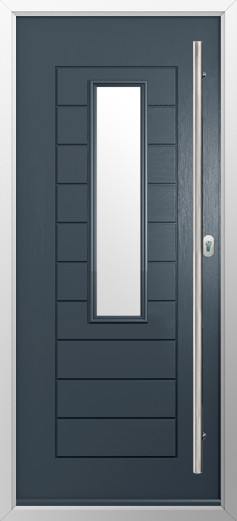 tuscany-composite-door-anthracite-grey | GFD Homes GFD Homes Exterior blue-gray entry door with a tall, narrow glass panel and a long vertical metal handle on the right, set in a silver frame.