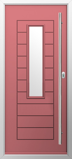 tuscany-composite-door-antique-rose | GFD Homes GFD Homes Red exterior door with a narrow vertical window and layered panel details, framed in silver with a tall right-side handle.