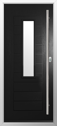 tuscany-composite-door-black | GFD Homes GFD Homes Black front door with a tall narrow vertical window, framed in silver, and a long vertical handle on the right.