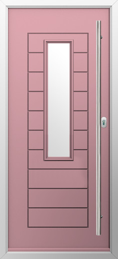 tuscany-composite-door-champagne-blush | GFD Homes GFD Homes Pink modern door with a tall narrow window and a long vertical metal handle on the right side.