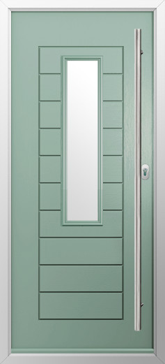 tuscany-composite-door-chartwell-green | GFD Homes GFD Homes Mint green front door with a tall rectangular glass window and a long vertical silver handle on the right edge.