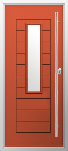 tuscany-composite-door-copper-flame | GFD Homes GFD Homes Red front door with a tall rectangular window and silver frame for entryway detail (modern style).