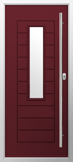 tuscany-composite-door-deep-merlot | GFD Homes GFD Homes Maroon exterior door with a narrow vertical window and a long silver door handle on the right, framed by a metallic border.