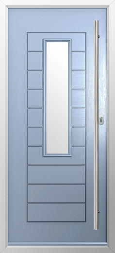 tuscany-composite-door-duck-egg-blue | GFD Homes GFD Homes Blue front door with a tall vertical glass panel and a silver handle, framed by a white border.