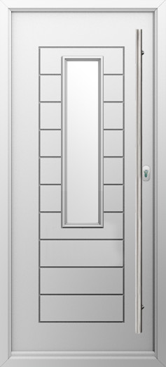 tuscany-composite-door-foiled-white | GFD Homes GFD Homes White front door with a tall vertical glass panel and slim vertical handle on the right side.