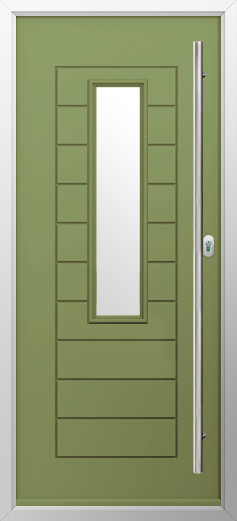tuscany-composite-door-forest-green | GFD Homes GFD Homes Olive-green front door with a tall vertical window inset, framed by horizontal and rectangular panel designs and a silver frame.