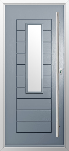tuscany-composite-door-french-grey-1 | GFD Homes GFD Homes Gray front door with tall rectangular window in the center and a vertical metal handle on the right to the frame edge.
