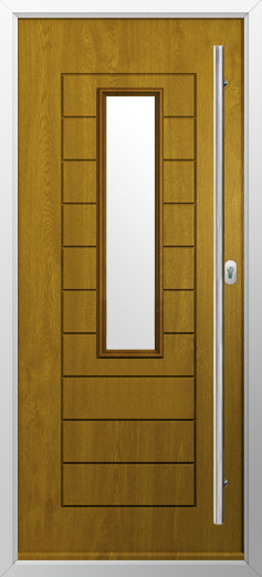 tuscany-composite-door-golden-oak | GFD Homes GFD Homes Front wooden door with a tall vertical glass panel in the center and a long silver handle on the right.