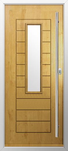 tuscany-composite-door-irish-oak | GFD Homes GFD Homes Wooden front door with a narrow central glass panel and decorative inset panels, set in a metal frame with a tall vertical handle on the right.