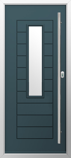 tuscany-composite-door-midnight-grey | GFD Homes GFD Homes Blue-gray exterior door with a tall narrow window, framed by a silver surround and a long vertical handle on the right.
