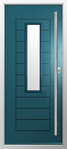 tuscany-composite-door-peacock-blue | GFD Homes GFD Homes Teal front door with a tall narrow vertical window and geometric panel details, silver door handle on the right.