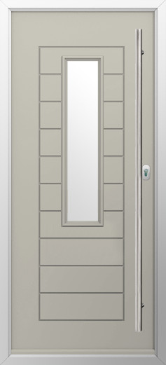 tuscany-composite-door-pebble-grey | GFD Homes GFD Homes Beige front entry door featuring a tall narrow rectangular window and a long vertical chrome handle on the right.