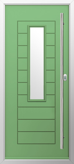 tuscany-composite-door-pistachio-green | GFD Homes GFD Homes Green front door with a tall, narrow vertical window and silver frame, showcasing a modern paneled design.