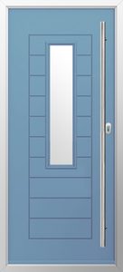tuscany-composite-door-pottery-blue | GFD Homes GFD Homes Blue entry door with a vertical rectangular window inset and a tall metal handle on the right.